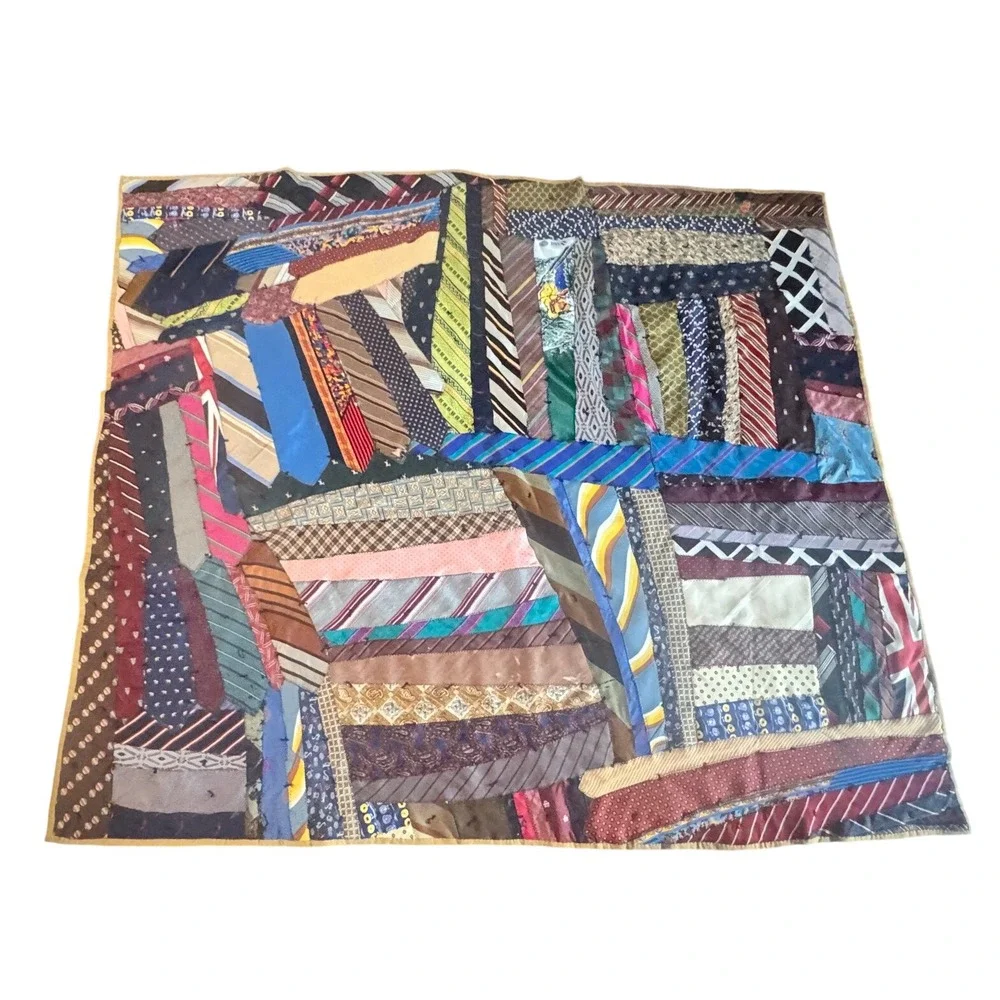 Vintage Handmade Silk Necktie Patchwork Quilt Gucci Designer Labels 63x54